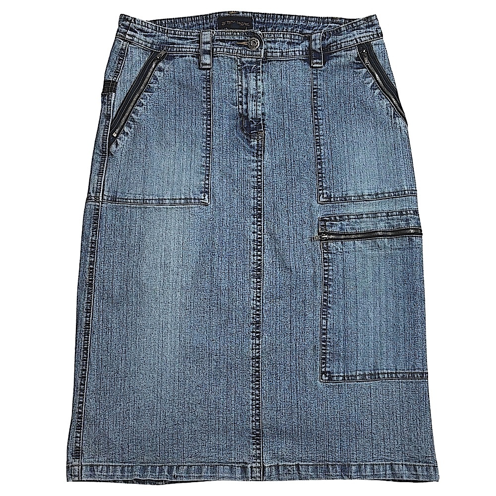 Armor Jeans Denim Knee-Length Pencil Skirt with 5 Cargo Style Zipper Pockets 7/8